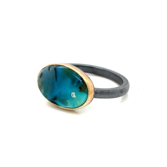 Blue Opalized Wood and Diamond Oval Gold Ring