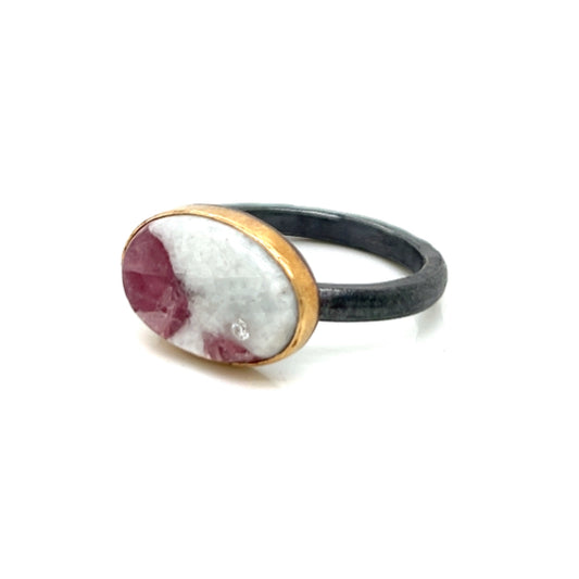 Pink Tourmaline in Quartz and Diamond Oval Gold Ring