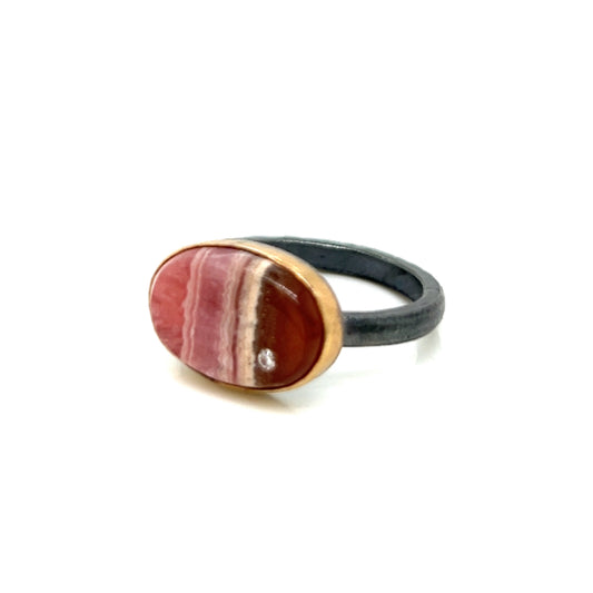 Rhodochrosite and Diamond Oval Gold Ring