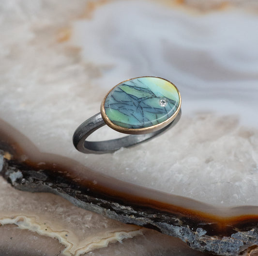 Minty Green Opalized Wood and Diamond Oval Gold Ring