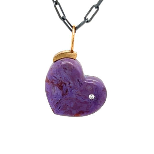 Purple Jade and Diamond Gold Heart Pendant