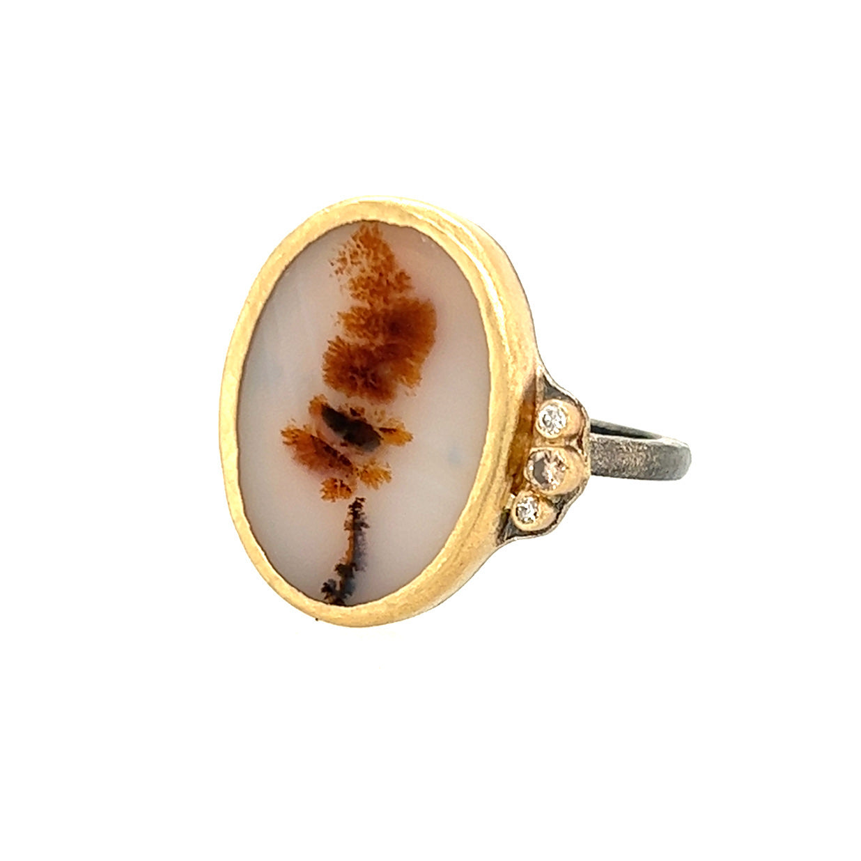 Dendritic Agate Flower and Diamonds Gold Ring