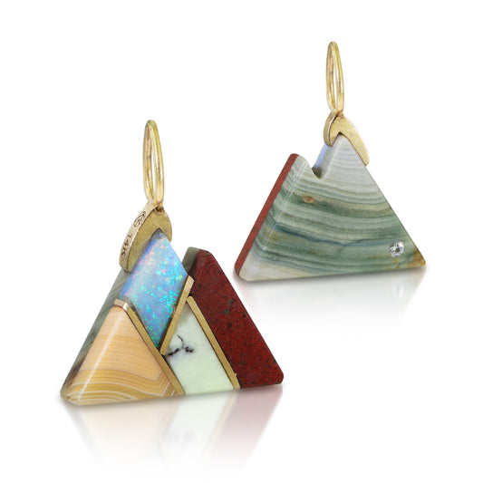 Two Sided Grey Petrified Wood Intarsia Gold Mountain Charm