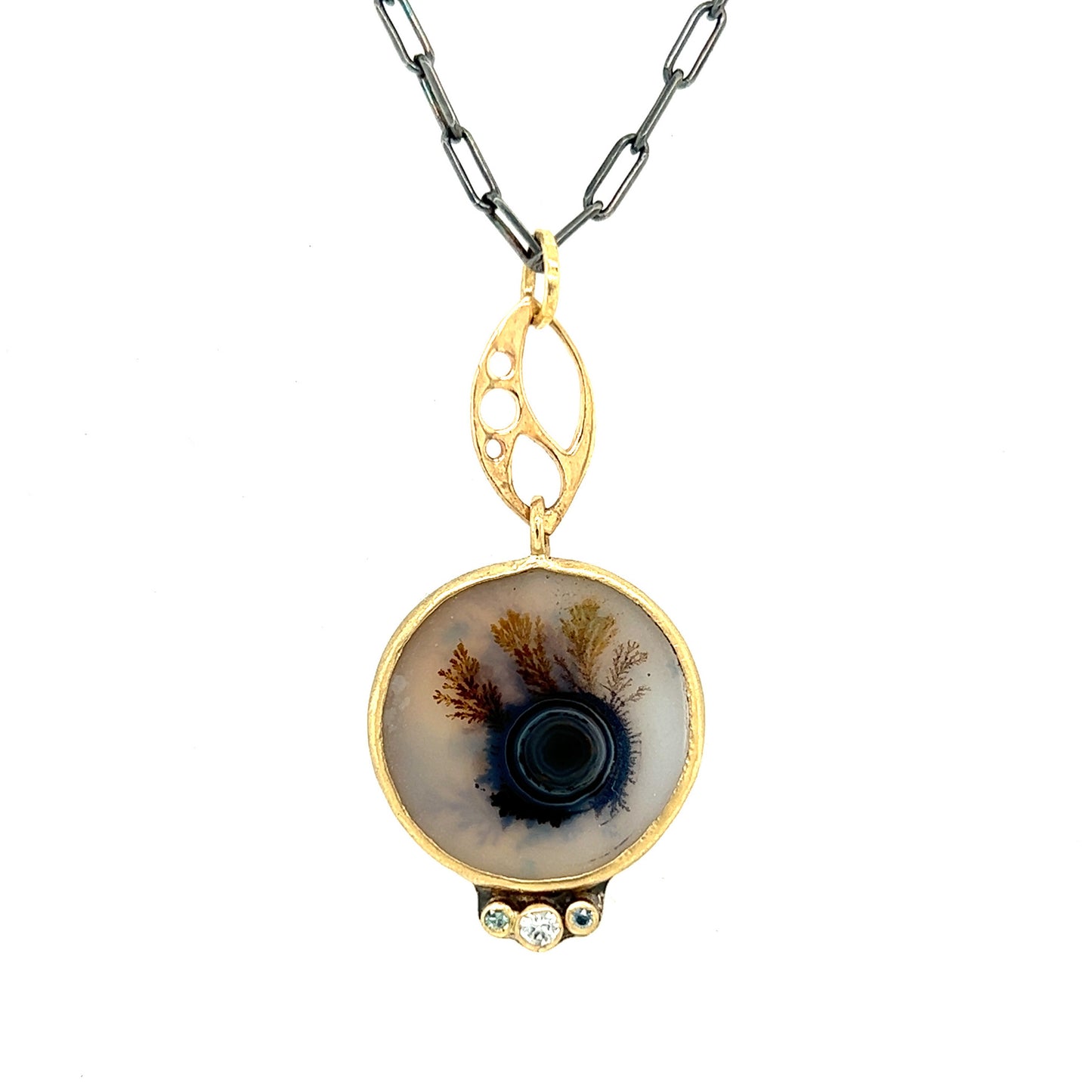 Dendritic Agate and Sapphire Gold Pendant