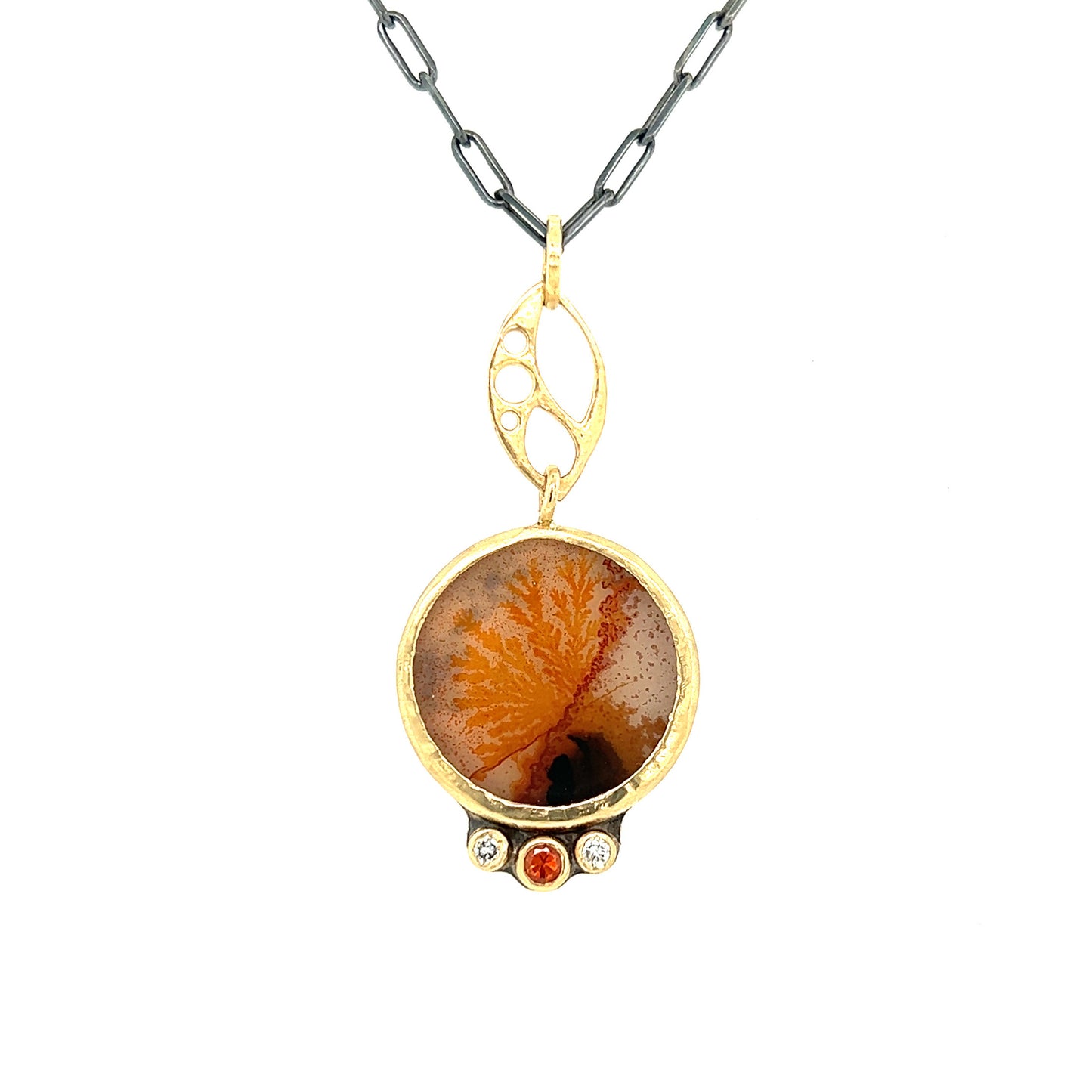 Dendritic Agate, Sapphire, and Diamonds Gold Pendant