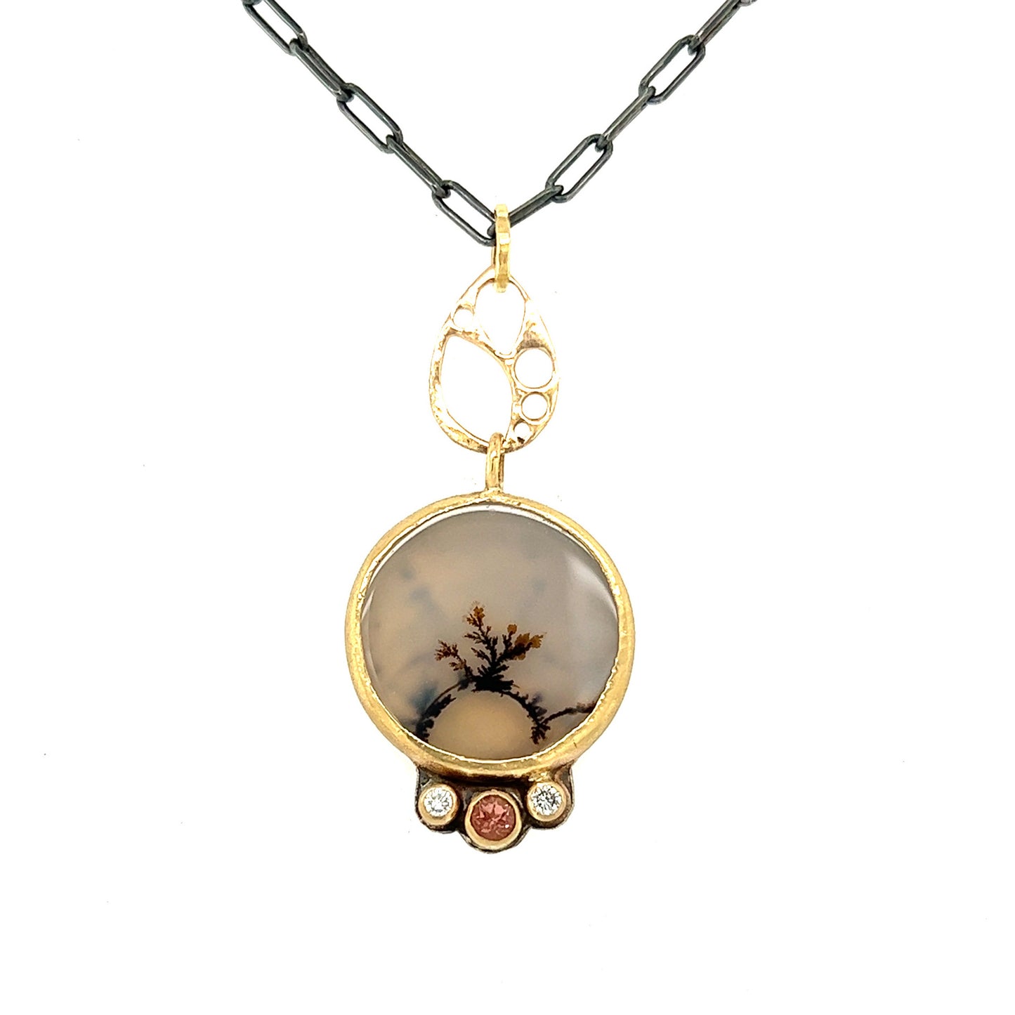 Dendritic Agate and Sunstone Gold Pendant