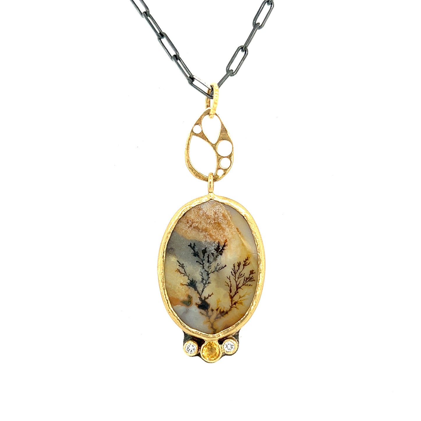 Dendritic Agate, Citrine, and Diamonds Gold Pendant