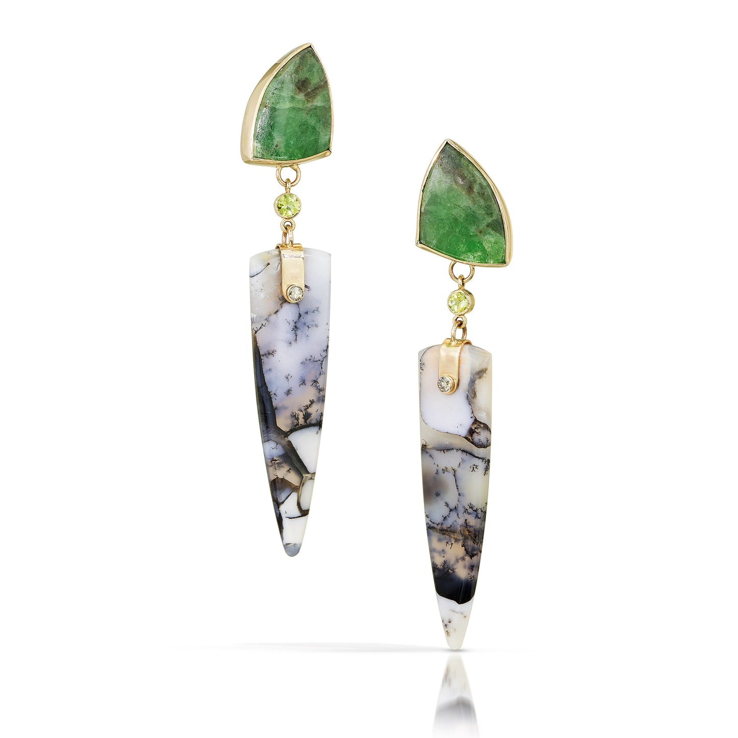 Emerald, Peridot, and Dendritic Opal Gold Earrings