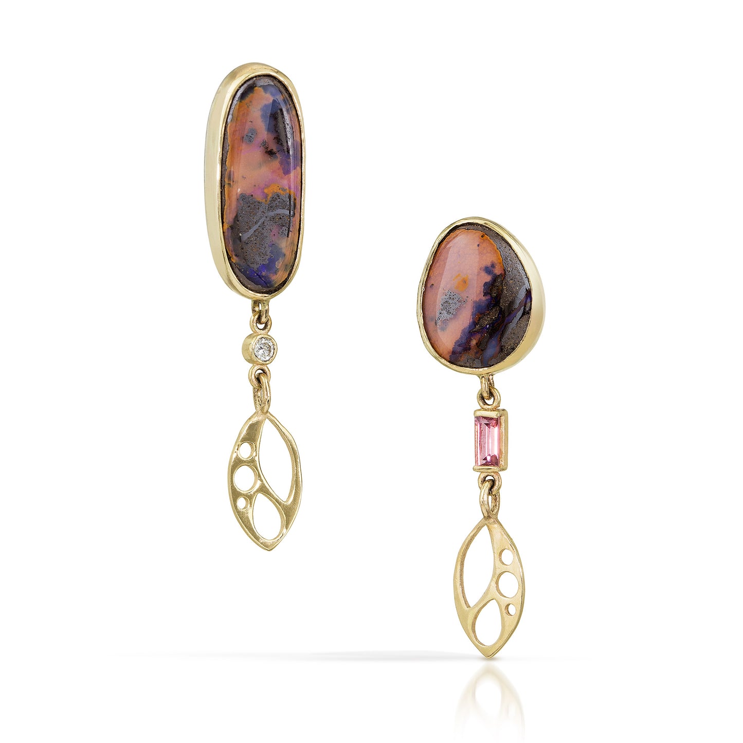 Boulder Opal, Tourmaline, and Diamond Gold Earrings