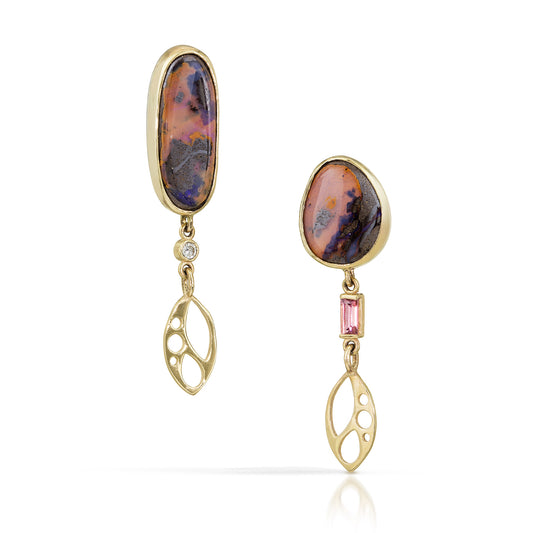 Boulder Opal, Tourmaline, and Diamond Gold Earrings