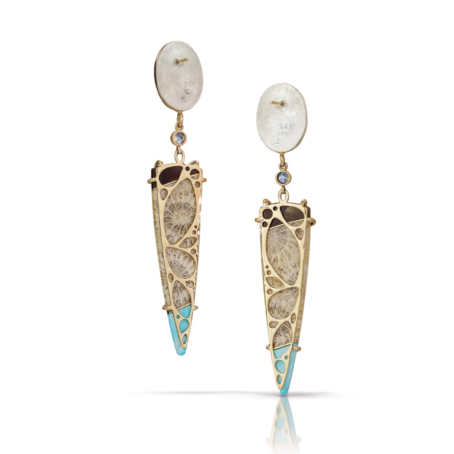 Turquoise, Fossilized Coral, Petrified Wood, and Montana Sapphire Gold Intarsia Earrings