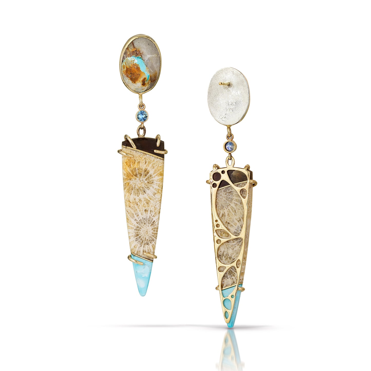 Turquoise, Fossilized Coral, Petrified Wood, and Montana Sapphire Gold Intarsia Earrings