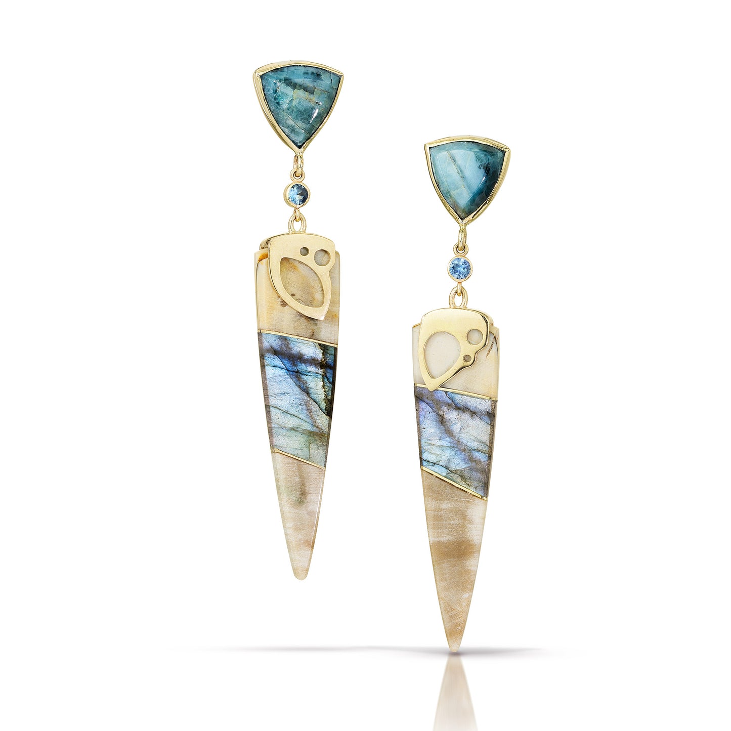 Apatite, Labradorite, Petrified Wood, and Montana Sapphire Gold Intarsia Earrings