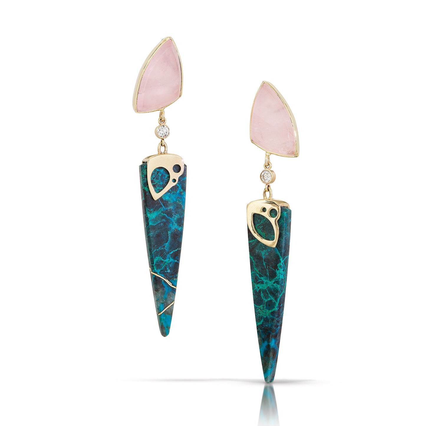 Gem Silica Chrysocolla, Rose Quartz, and Diamond Gold Earrings