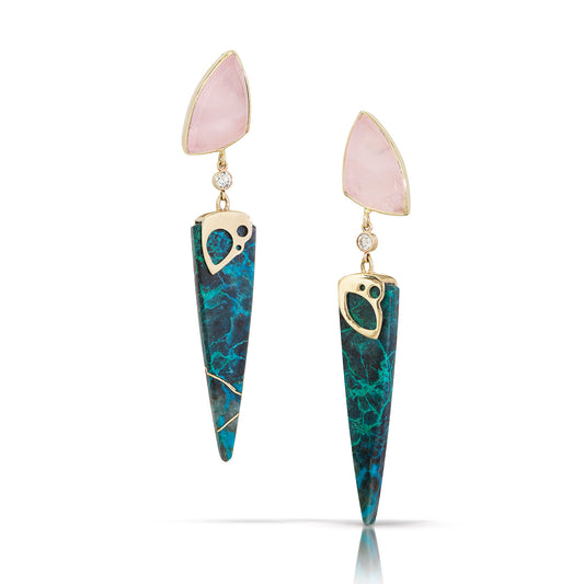 Gem Silica Chrysocolla, Rose Quartz, and Diamond Gold Kintsugi Earrings