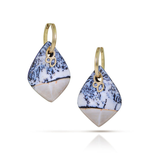 Lapis and Dendritic Agate Reversible Intarsia Gold Hoop Earrings