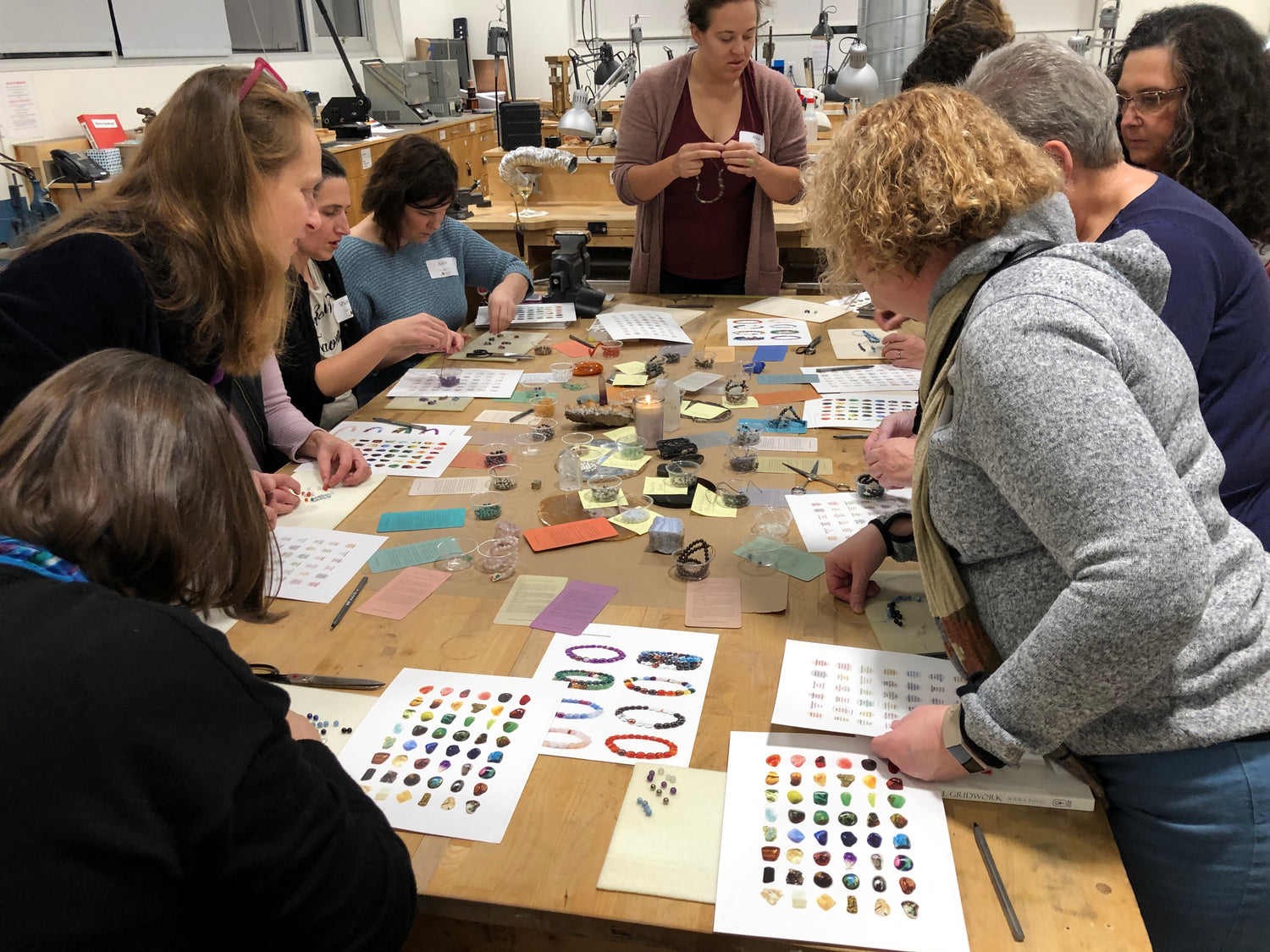 Karin's students making gemstone bracelets
