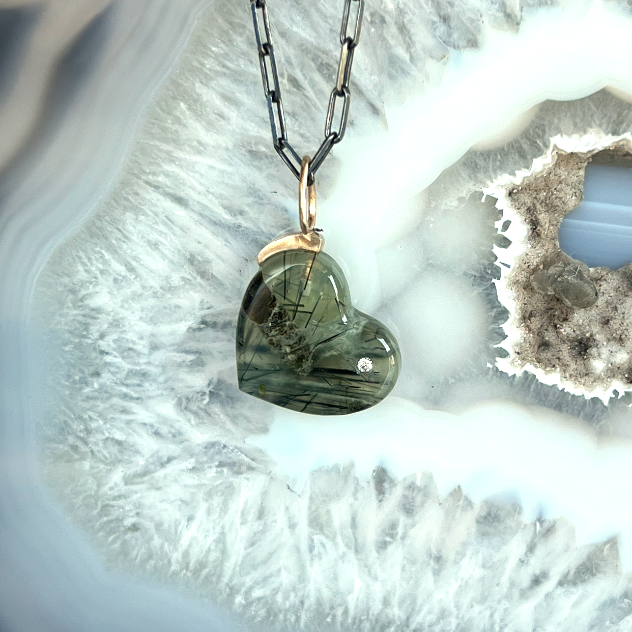 Prehnite and Diamond Gold Heart Pendant