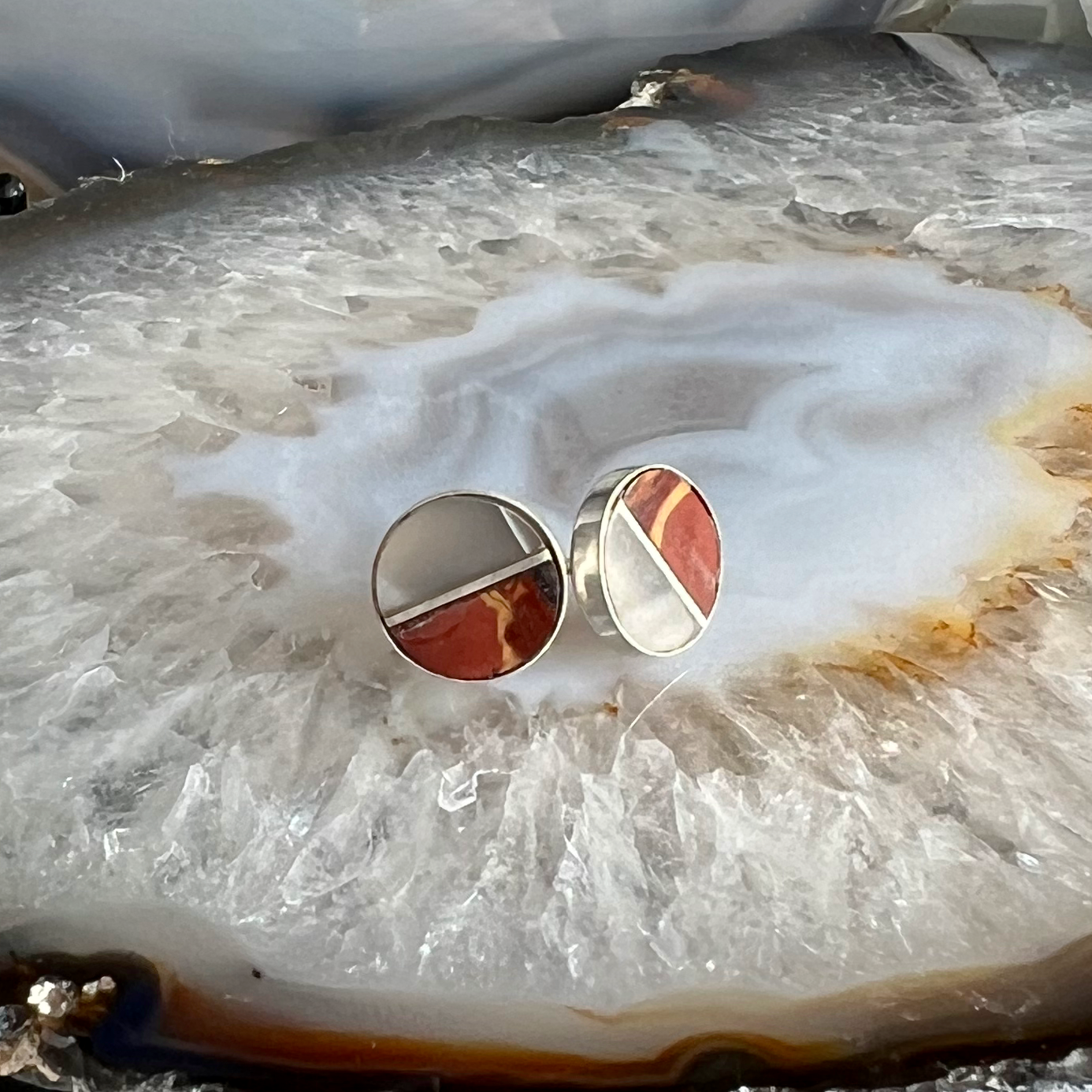 Grey Moonstone and Jasper Inlay Stud Earrings
