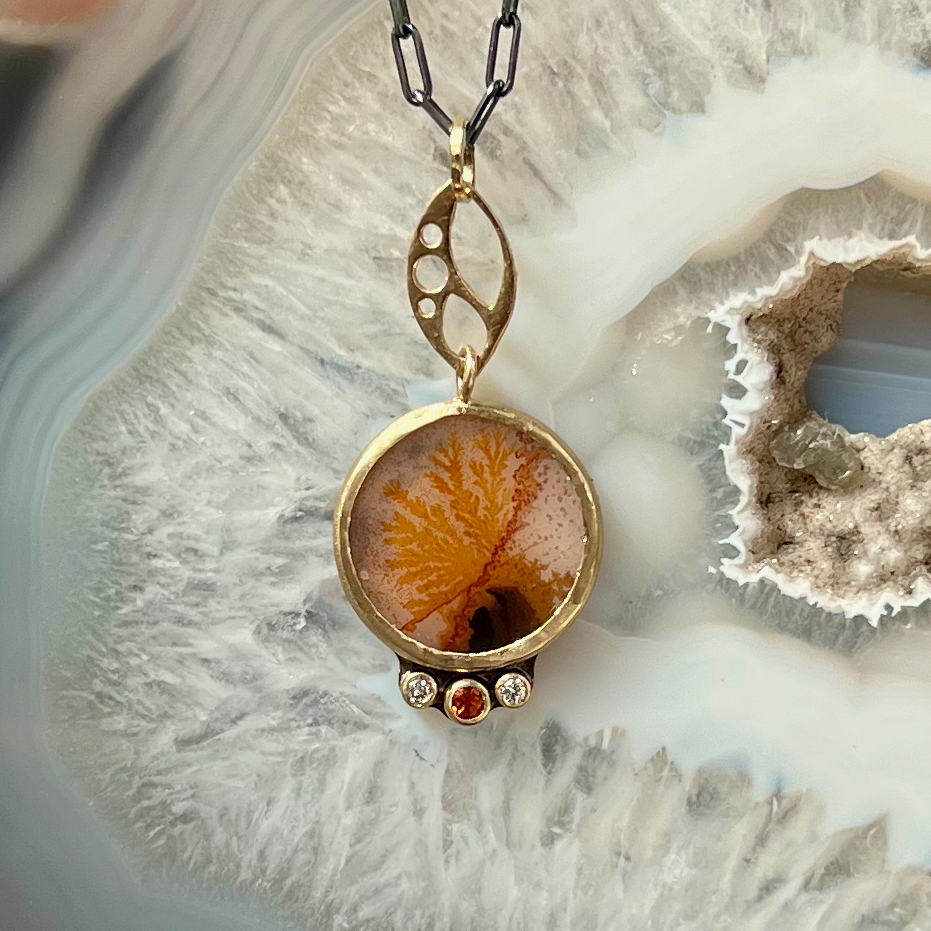 Dendritic Agate, Sapphire, and Diamonds Gold Pendant