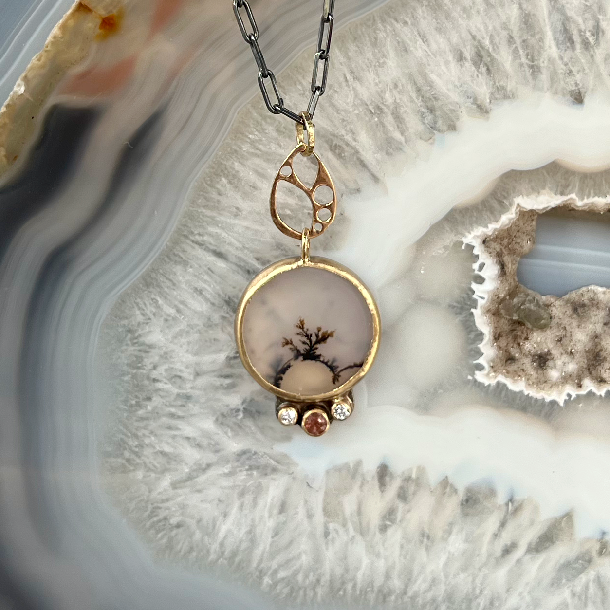 Dendritic Agate and Sunstone Gold Pendant