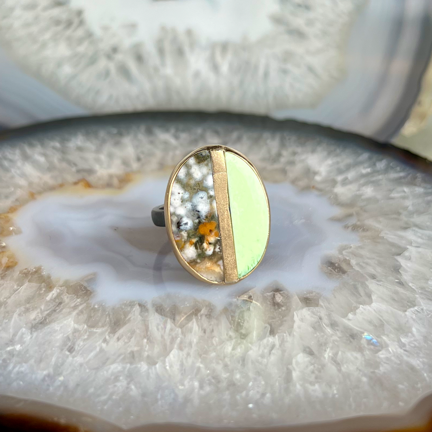 Ocean Jasper and Lemon Chrysoprase Gold Inlay Ring