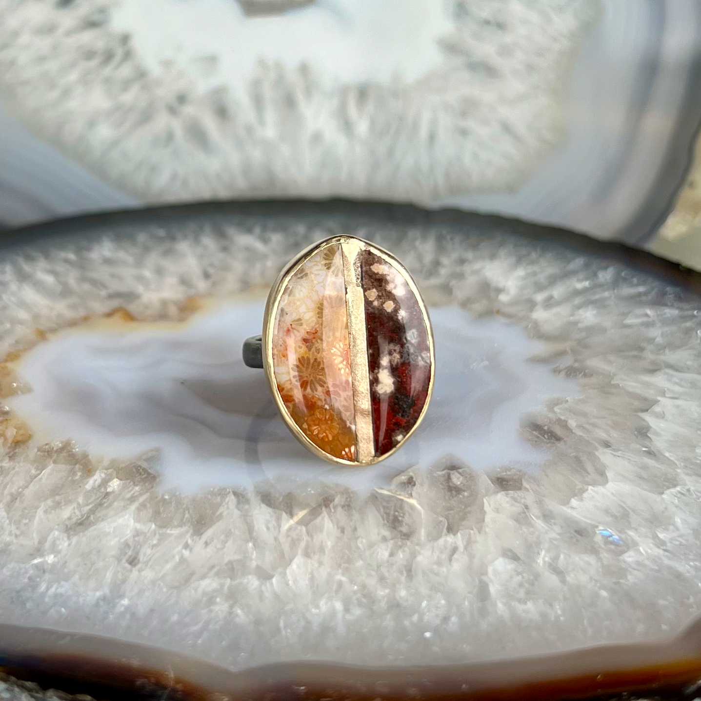 Fossilized Coral and Ocean Jasper Gold Inlay Ring