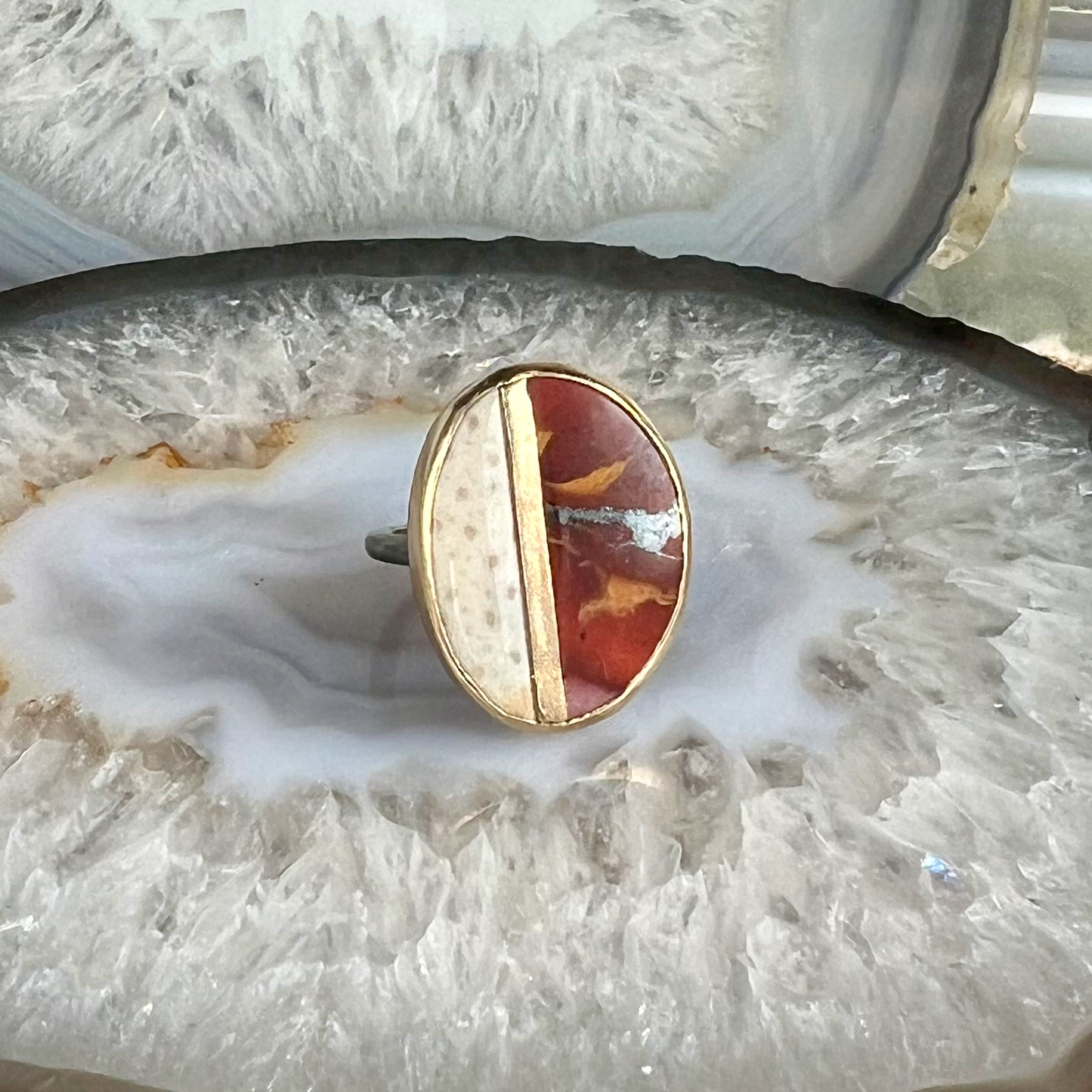 Red Jasper and Fossilized Palm Wood Gold Inlay Ring