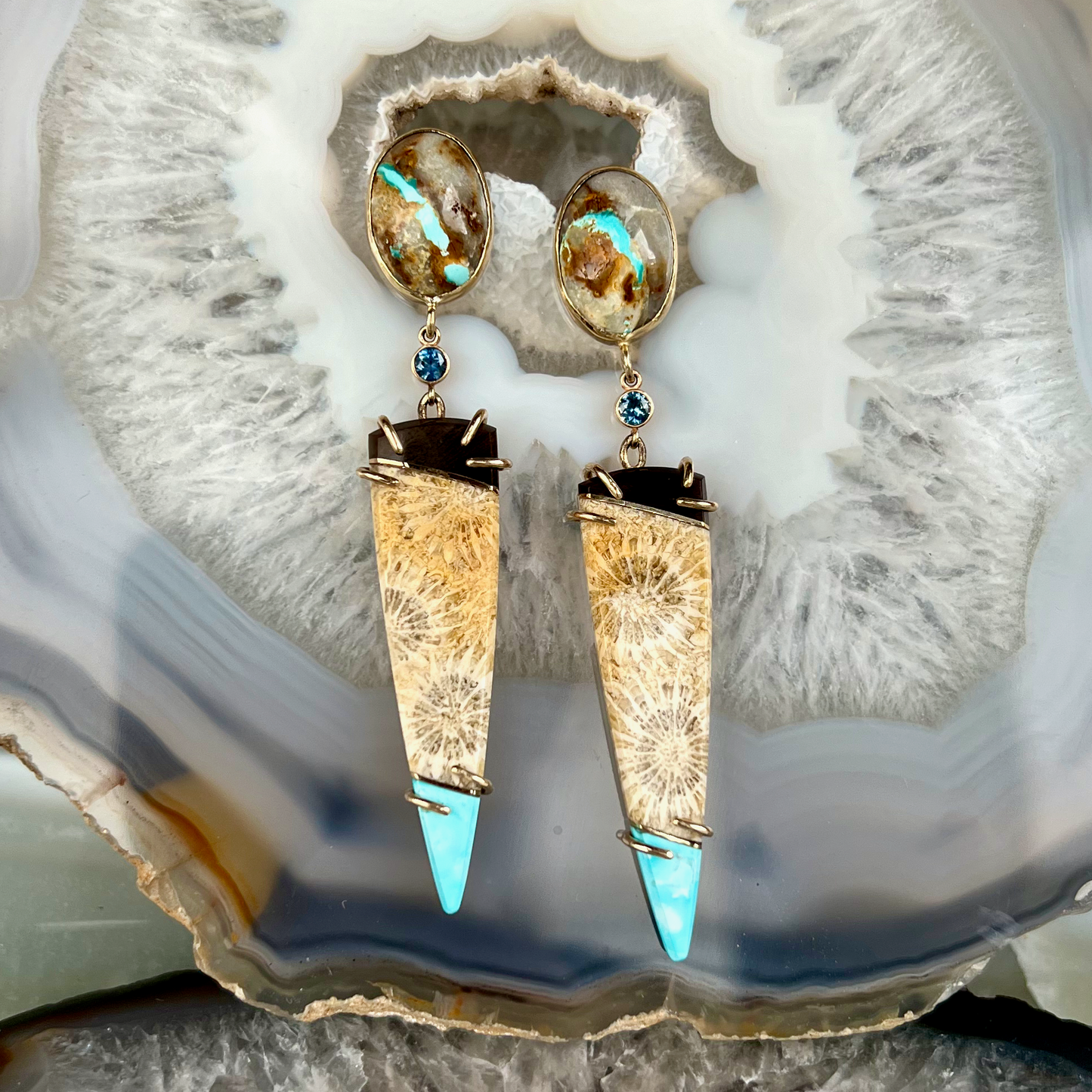 Turquoise, Fossilized Coral, Petrified Wood, and Montana Sapphire Gold Intarsia Earrings