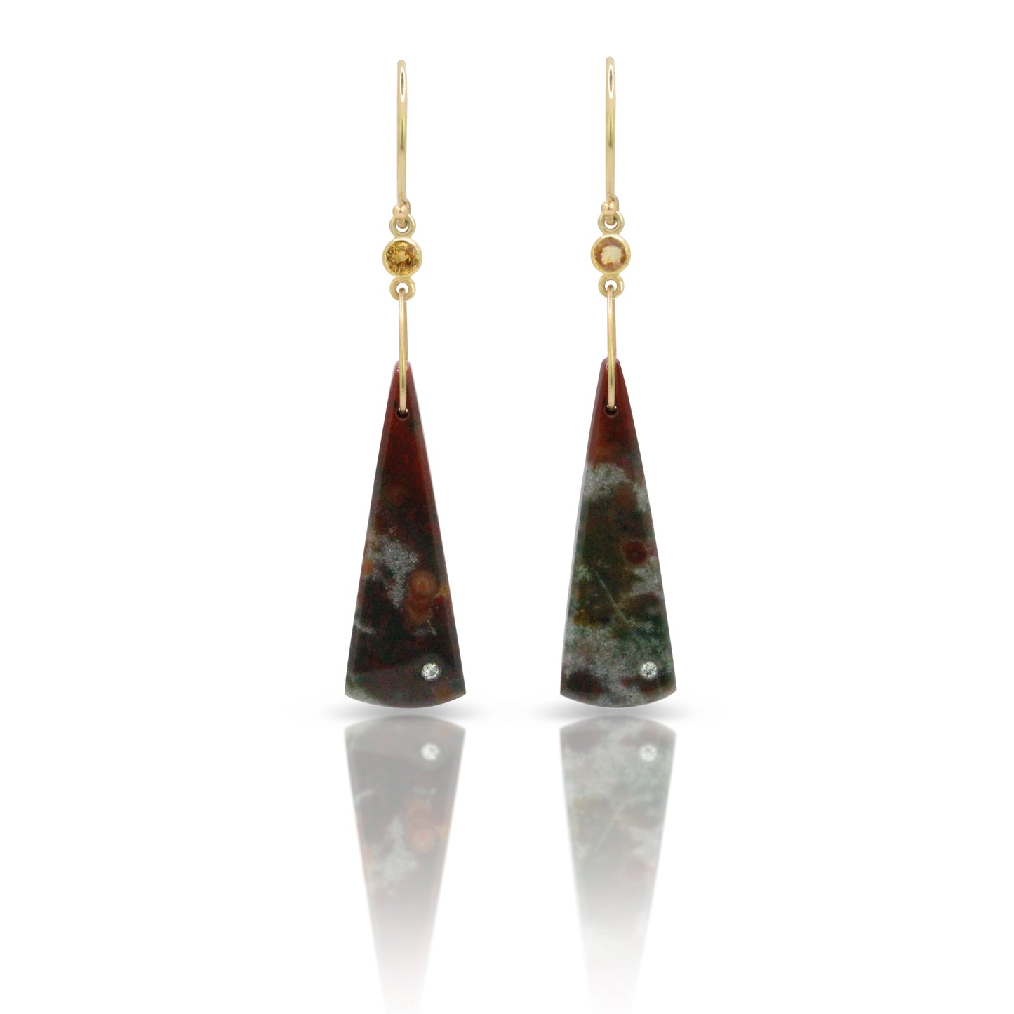 Bloodstone, Citrine, and Diamond Gold Triangle Earrings