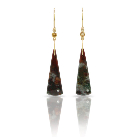 Bloodstone, Citrine, and Diamond Gold Triangle Earrings