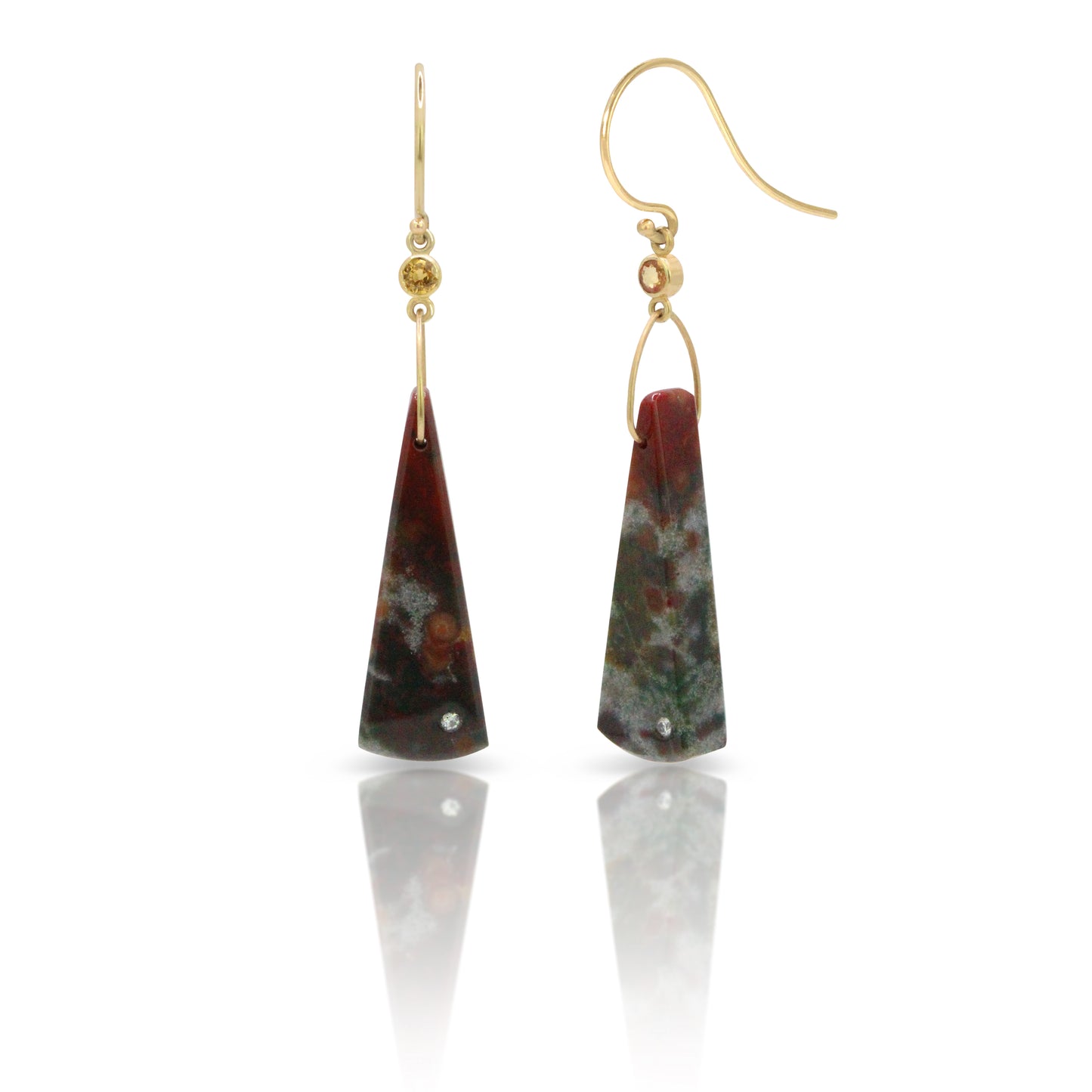 Bloodstone, Citrine, and Diamond Gold Triangle Earrings