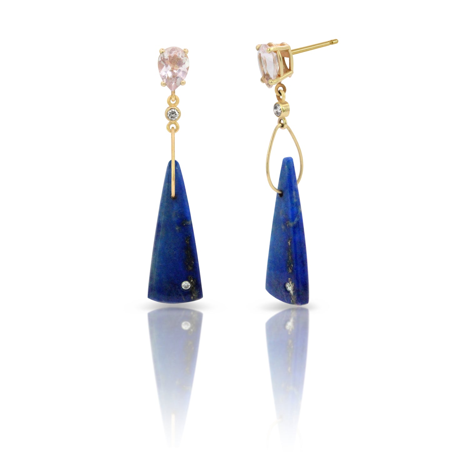 Morganite, Lapis, and Diamond Gold Triangle Earrings
