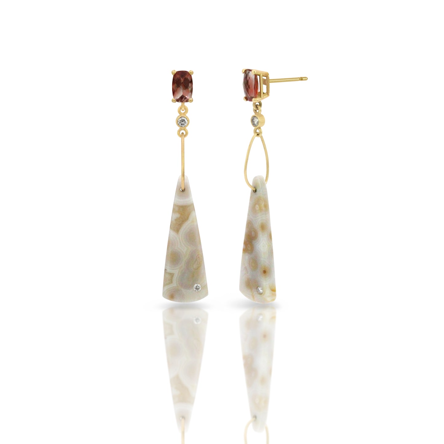 Sunstone, Ocean Jasper, and Diamond Gold Triangle Earrings
