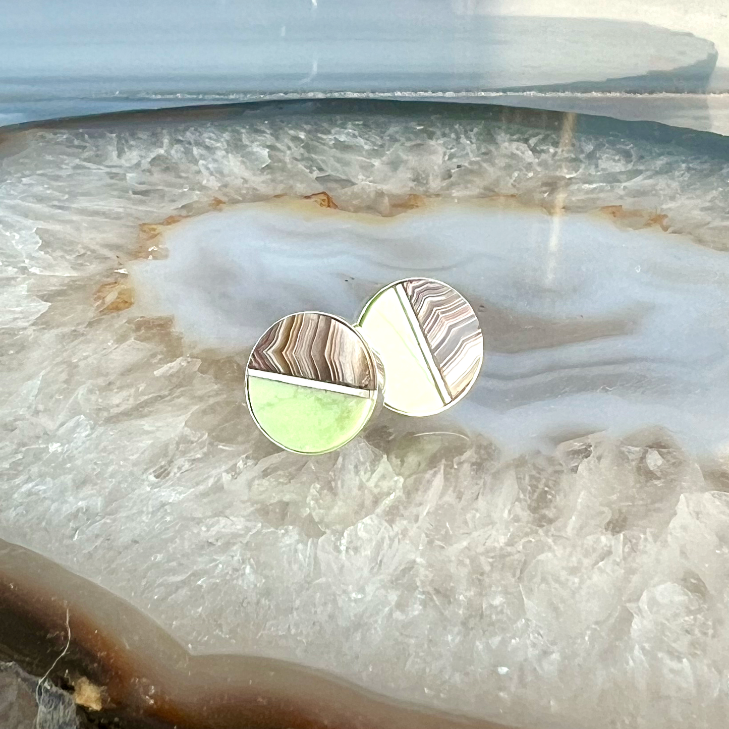 Lemon Chrysoprase and Laguna Lace Agate Inlay Stud Earrings