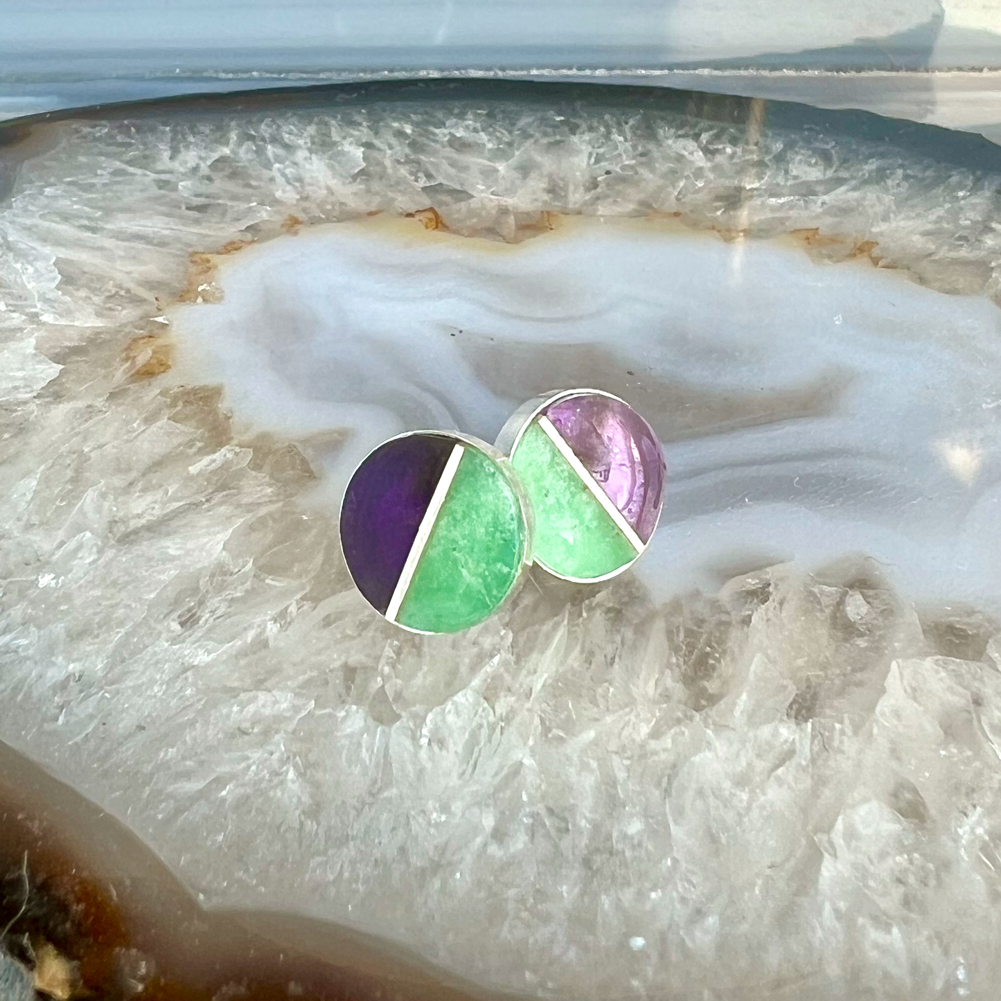Amazonite and Amethyst Inlay Stud Earrings