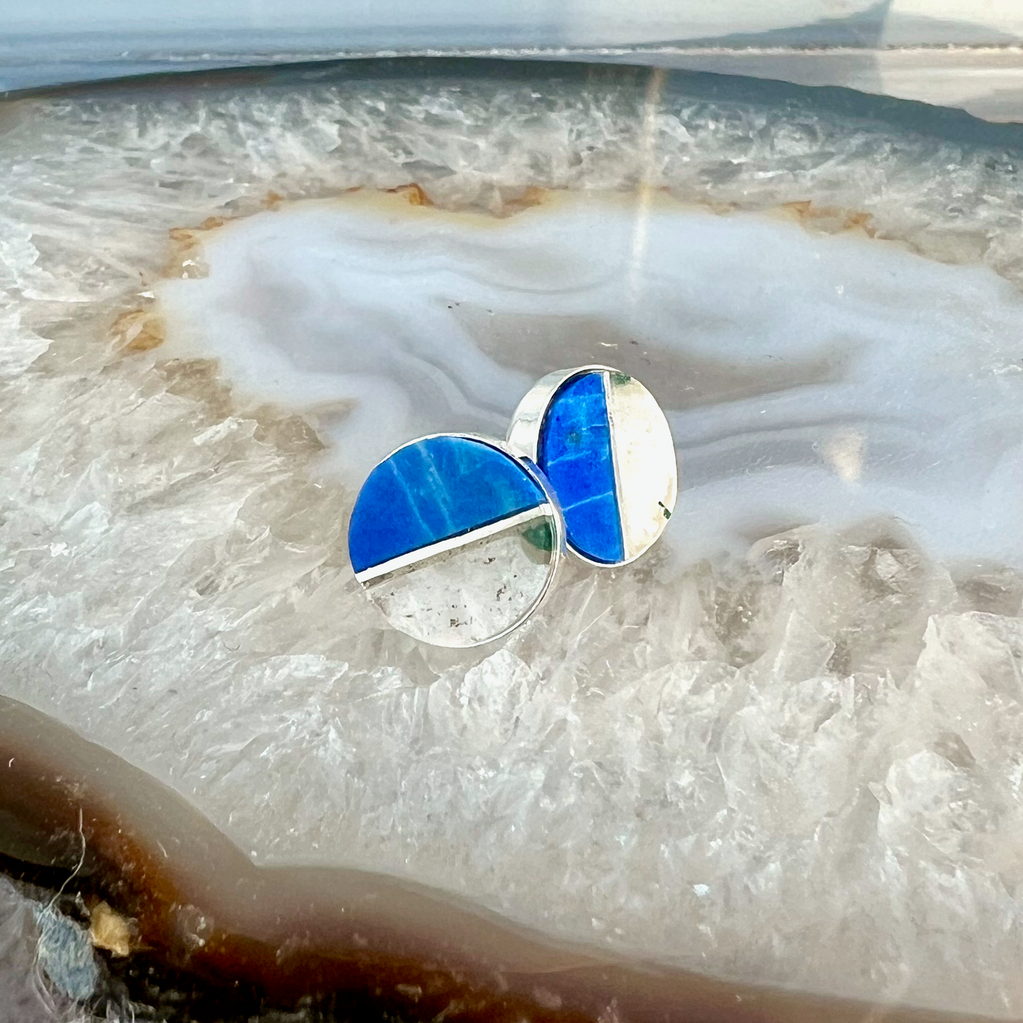 Plume Agate and Lapis Inlay Stud Earrings