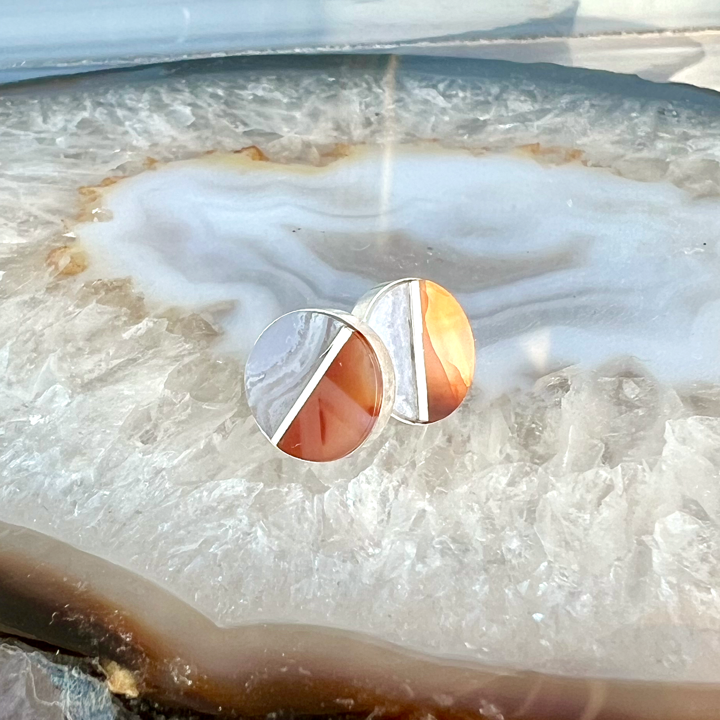 Carnelian and Blue Lace Agate Inlay Stud Earrings