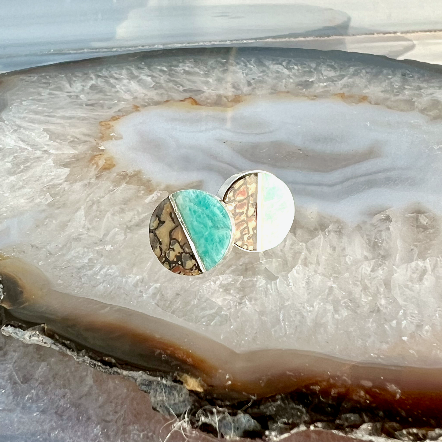 Dinosaur Bone and Amazonite Inlay Stud Earrings