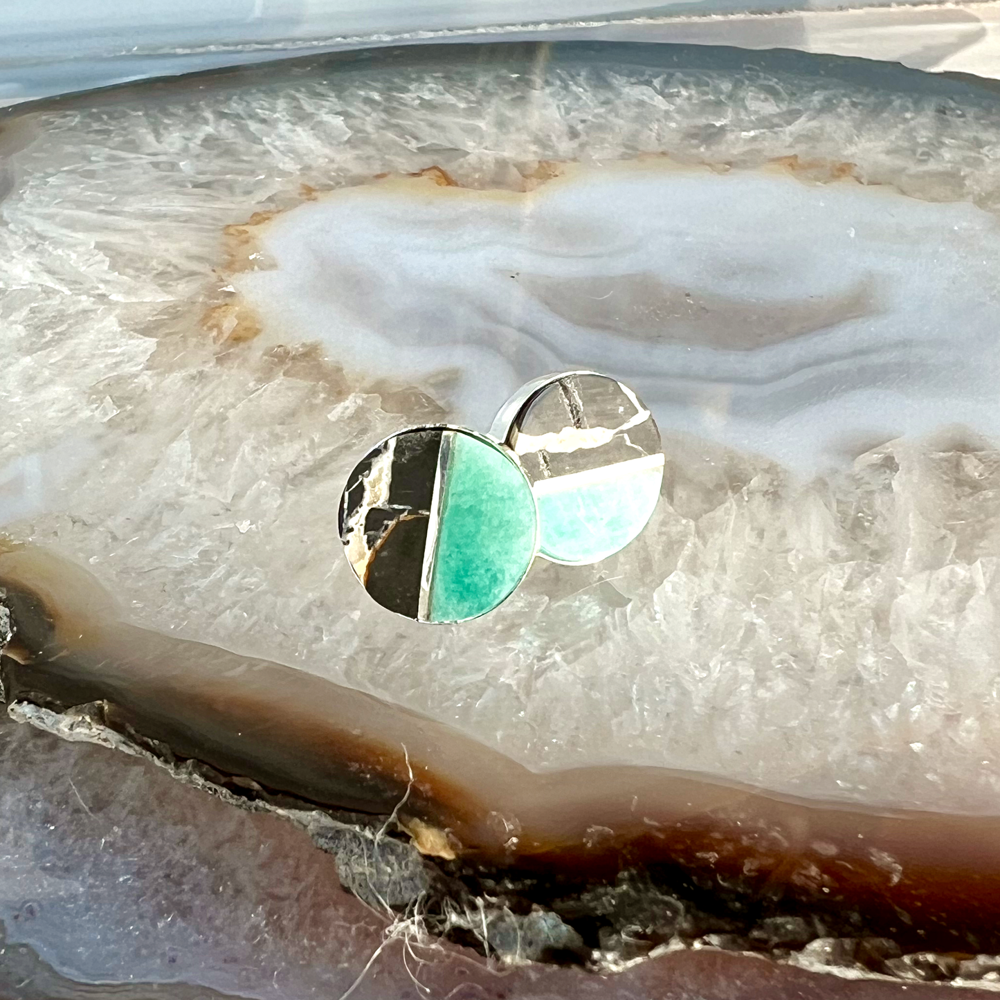 Iron Buffalo and Amazonite Inlay Stud Earrings
