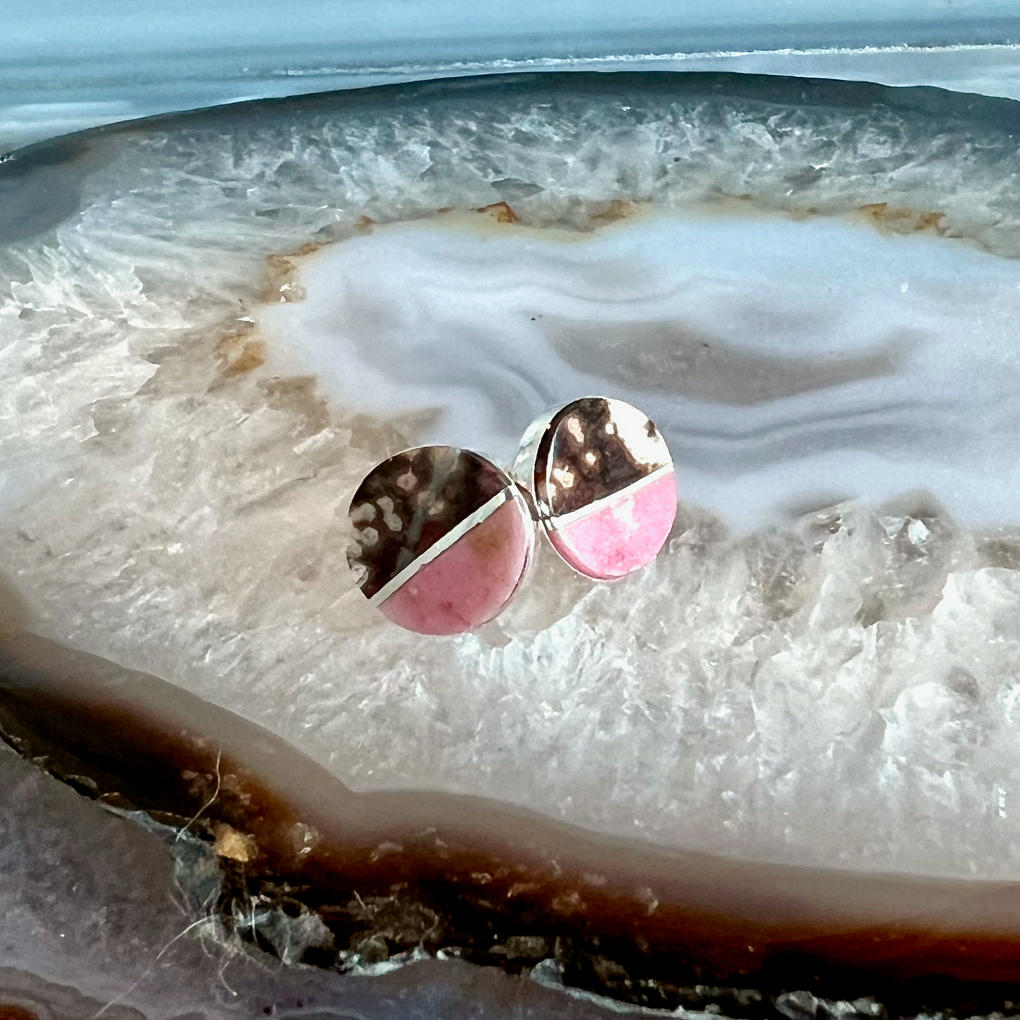 Rhodonite and Ocean Jasper Inlay Stud Earrings