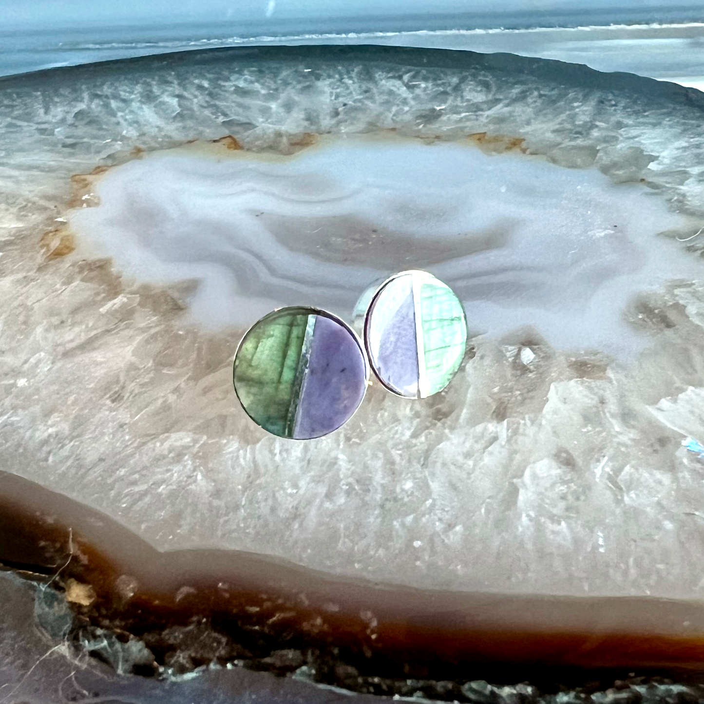 Purple Jade and Labradorite Inlay Stud Earrings