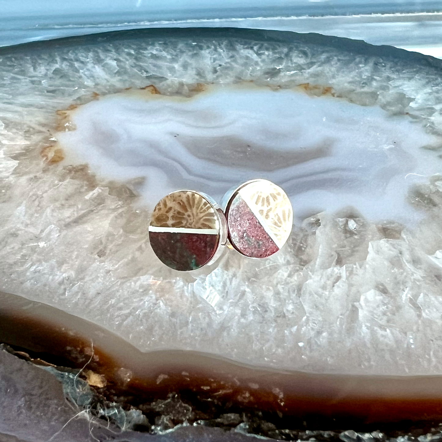 Sonoran Sunrise Jasper and Fossilized Coral Inlay Stud Earrings