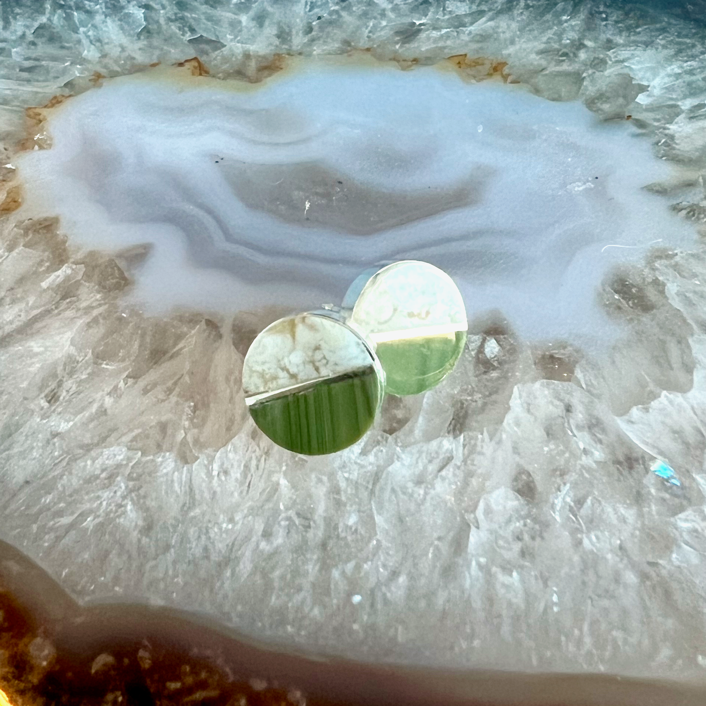 Green Jasper and Plume Agate Inlay Stud Earrings