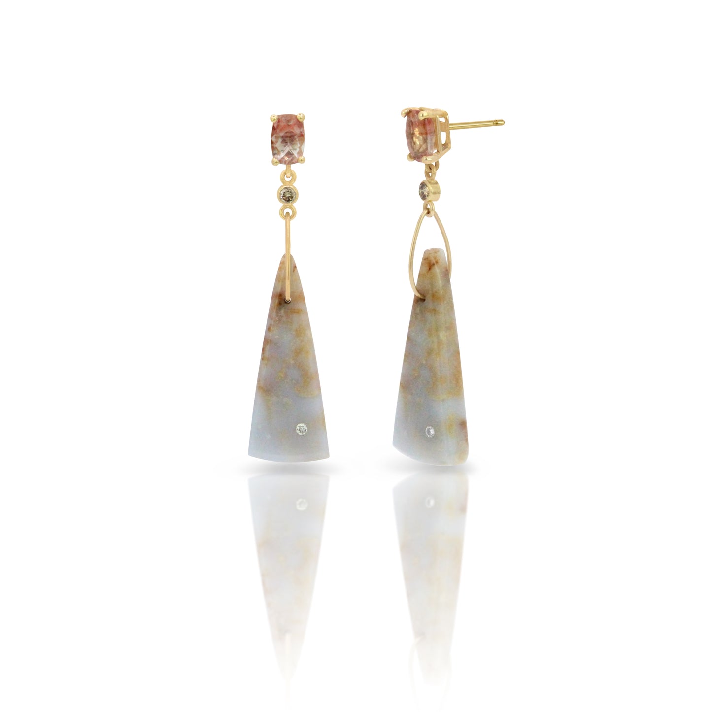 Blue Chalcedony, Sunstone, and Diamond Gold Triangle Earrings