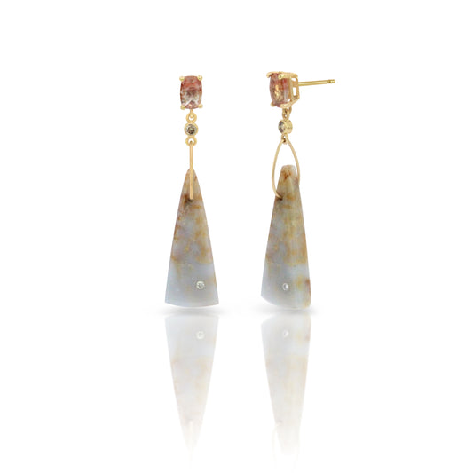 Blue Chalcedony, Sunstone, and Diamond Gold Triangle Earrings