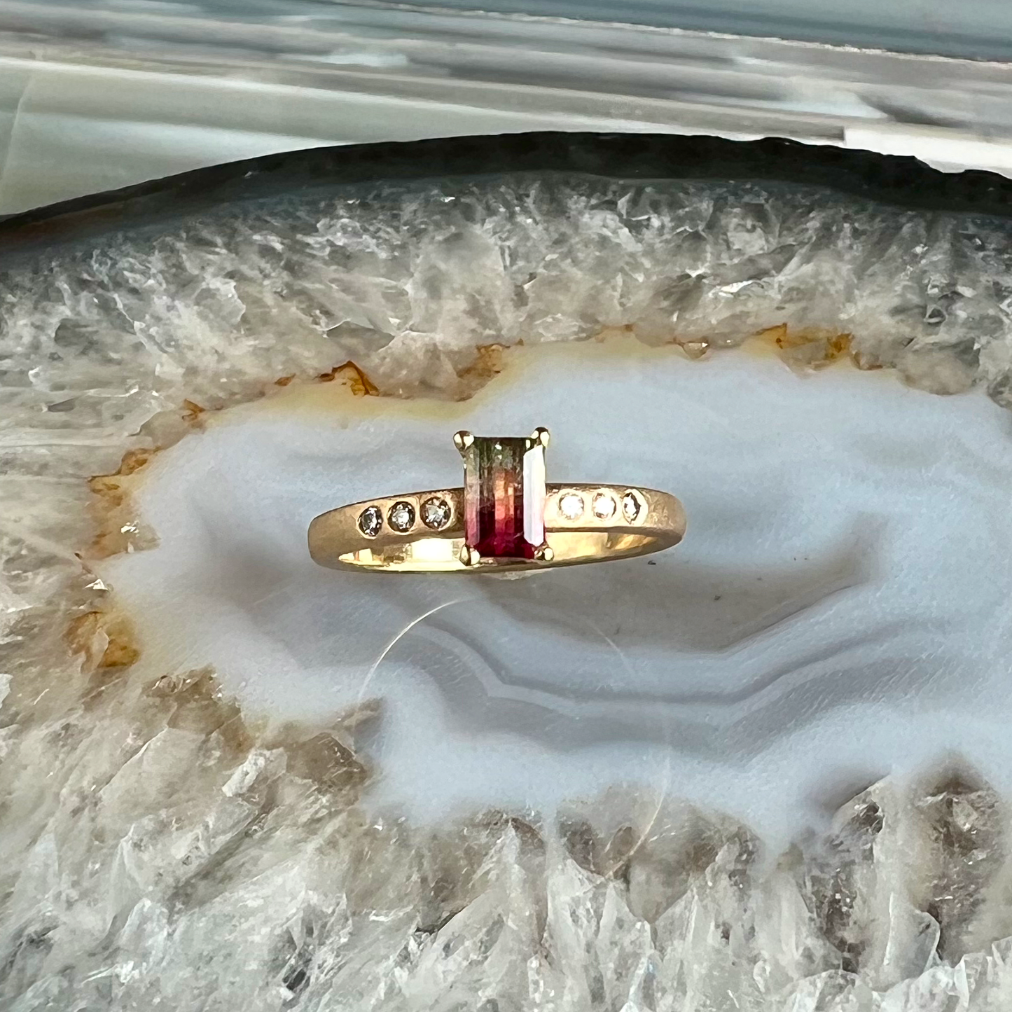 Tri-Color Tourmaline and Diamonds Gold Ring