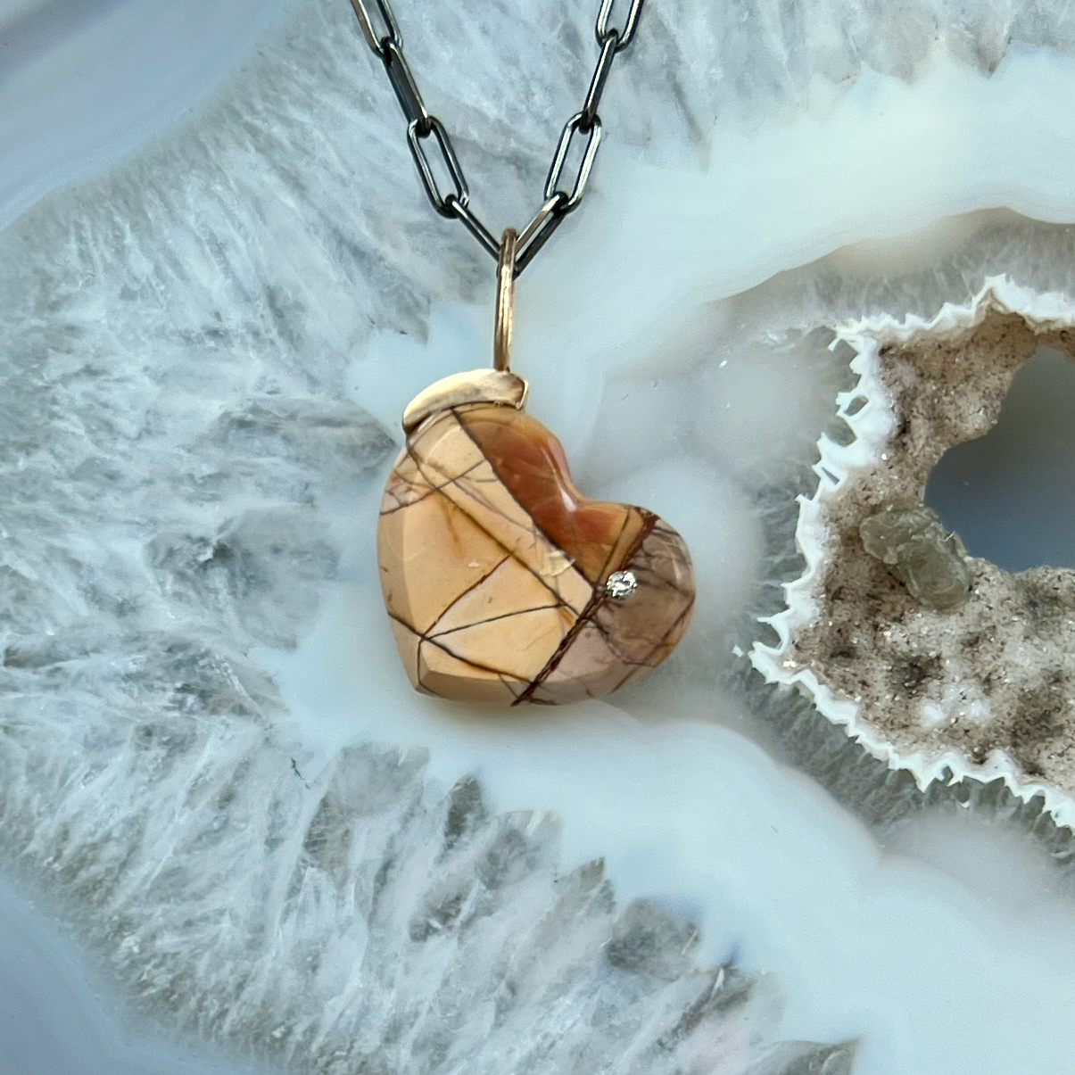 Tan Cherry Creek Jasper and Diamond Gold Heart Pendant