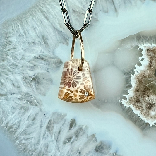 Fossilized Coral and Diamond Mini Gold Pendant
