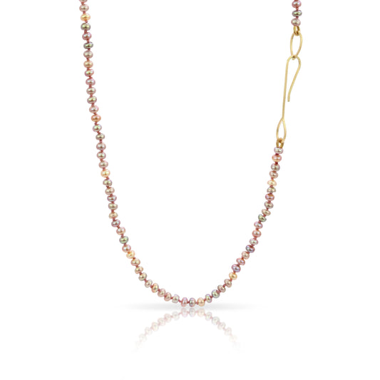 Hand Knotted Pink and Peach Pearl and Gold Necklace